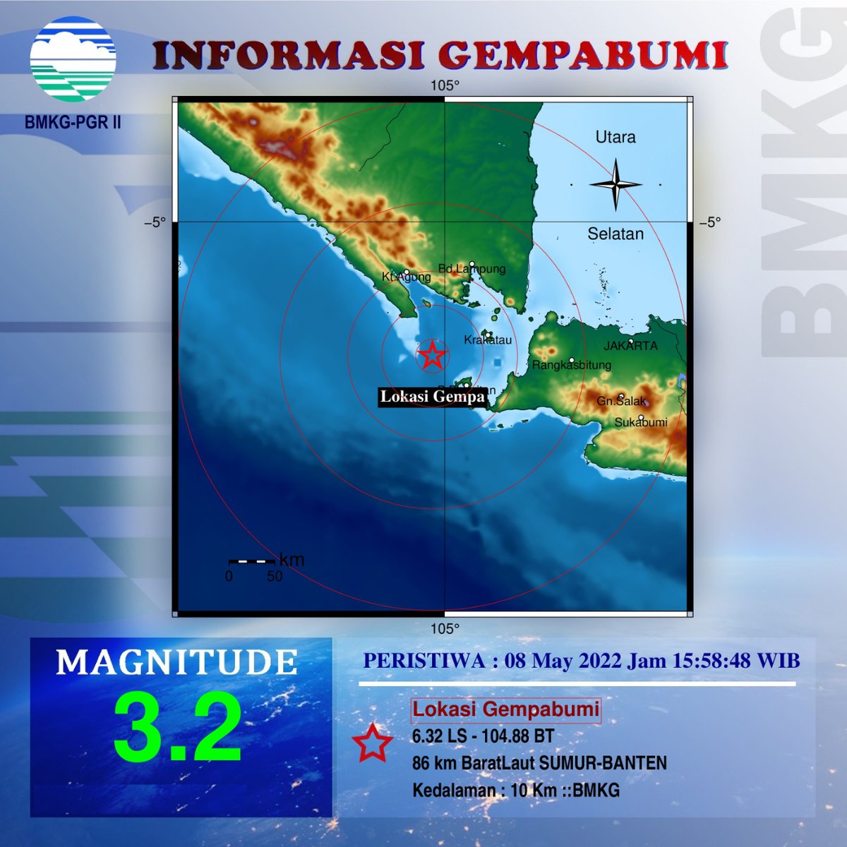 bmkgwilayah2's tweet photo. Info Gempa Mag:3.2, 08-May-22 15:58:48 WIB, Lok:6.32 LS - 104.88 BT (86 km BaratLaut SUMUR-BANTEN), Kedlmn: 10 Km ::BMKG https://t.co/qvA8jSfLMD