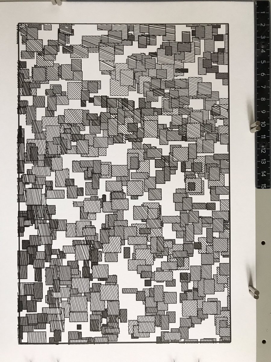 EmmanuelVdeV's tweet photo. 1 hour and 6 minutes for 54.74 meters drawn (66.47 meters moved). 
Sakura Micron 03 black pen on Fabriano Bristol paper. 
#generativeart #codeart #axidraw #processing #lineart #penplotterart #penplotter #plotterart #plottertwitter https://t.co/PRK5iAS5eD
