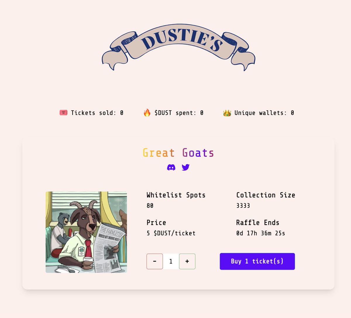 The raffle for 80 WL spots for <a href="/GreatGoatsNFT/">Great Goats</a> will be live for the next 24 hours on $DUSTIES

store.degods.com/raffles/62778c…