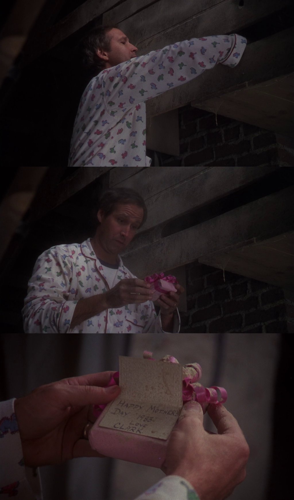 Still image showing Clark Griswold in the attic surrounded by vintage Christmas decorations