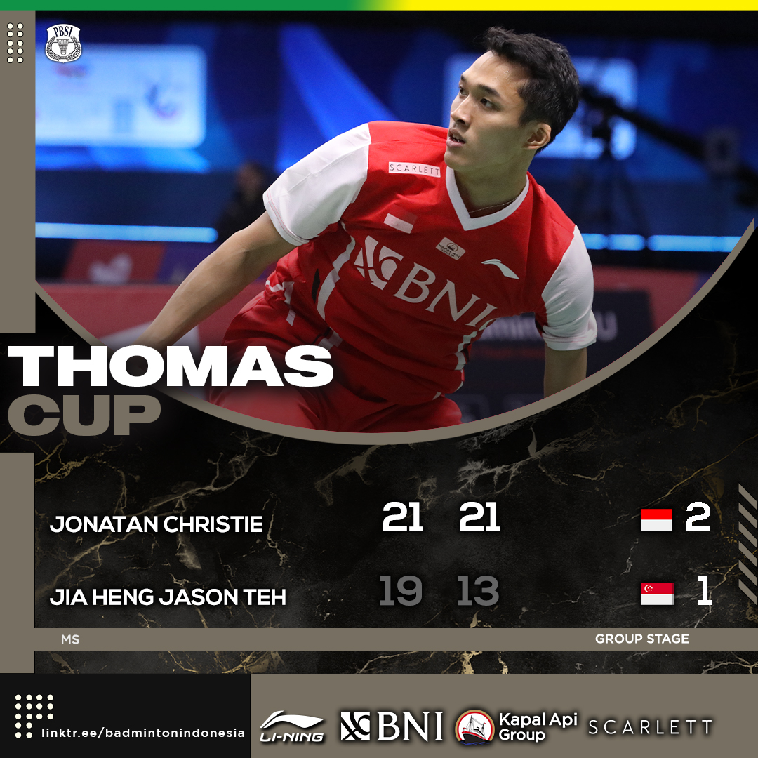 INABadminton's tweet photo. Jojo jalankan tugas dengan sempurna. Tim Thomas Indonesia berbalik unggul atas Singapura. 🔥

#BadmintonIndonesia #ThomasUberCup2022 #TUC2022 #ThomasCup2022 https://t.co/o81NLsCazk