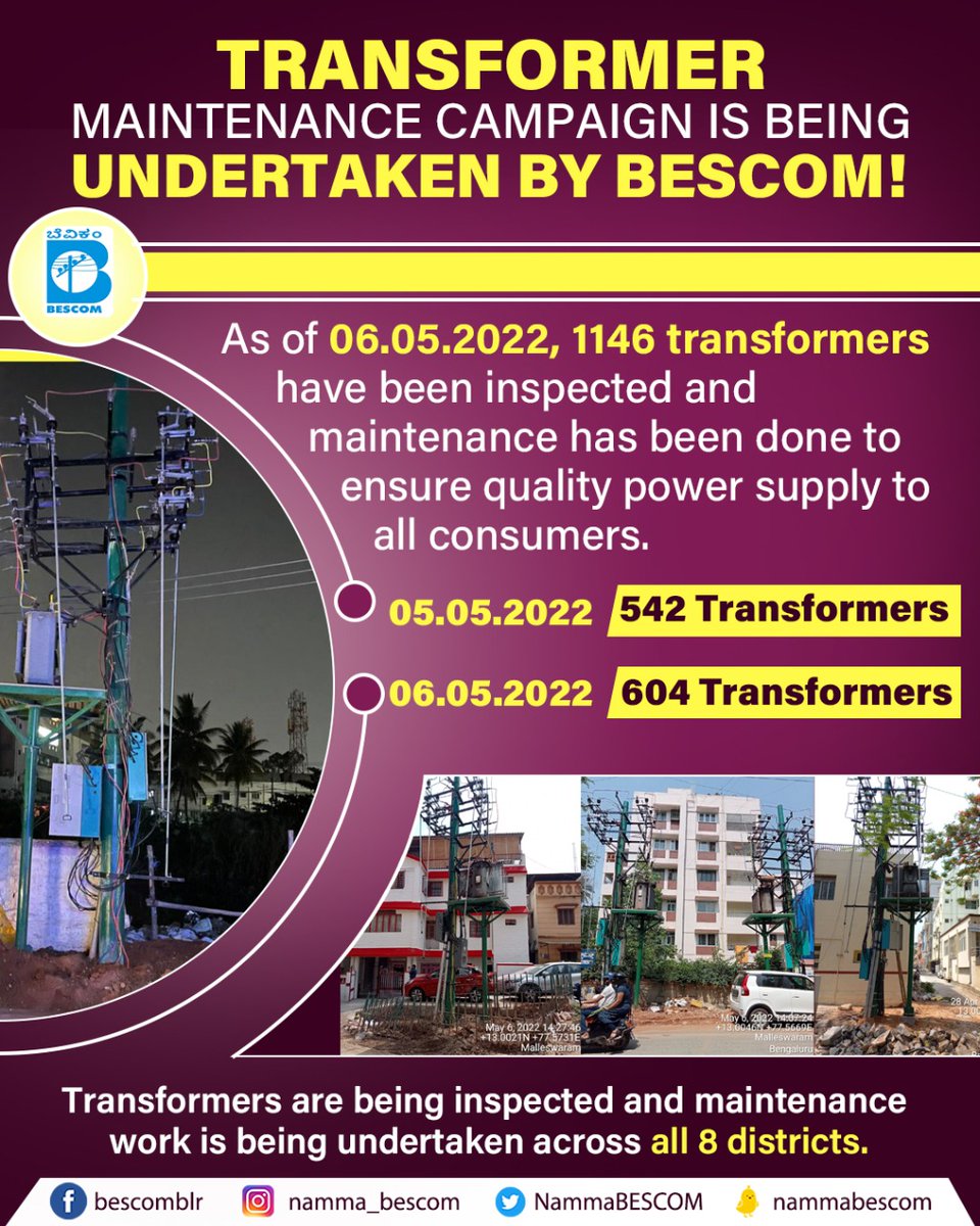 NammaBESCOM's tweet photo. ಬೆಸ್ಕಾಂ ನೇತೃತ್ವದಲ್ಲಿ ಟ್ರಾನ್ಸ್'ಫಾರ್ಮರ್ ನಿರ್ವಹಣಾ ಅಭಿಯಾನ ಈಗಾಗಲೇ ಆರಂಭಗೊಂಡಿದೆ!

ದೋಷಪೂರಿತ ವಿದ್ಯುತ್ ಪರಿವರ್ತಕಗಳನ್ನು ತ್ವರಿತವಾಗಿ ದುರಸ್ತಿಗೊಳಿಸಿ, ನಿರಂತರ ವಿದ್ಯುತ್ ಪೂರೈಸುವ ನಿಟ್ಟಿನಲ್ಲಿ ಬೆಸ್ಕಾಂ ಶ್ರಮಿಸುತ್ತಿದೆ.

@mdbescom @BescomHelpline @MinOfPower @mnreindia @karkalasunil @CMofKarnataka https://t.co/EO3Q6DfhVG