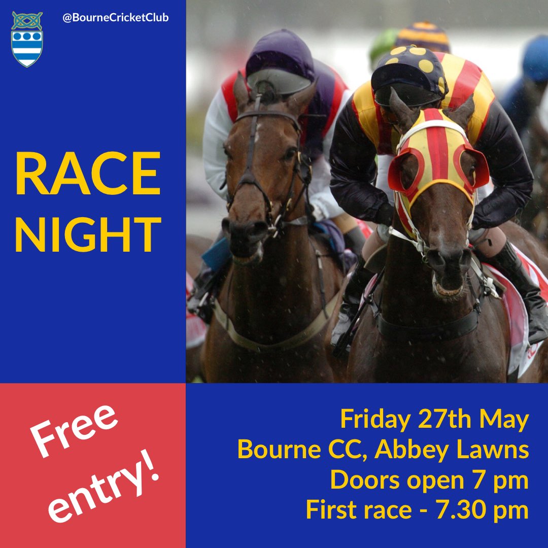 BourneCC's tweet photo. Whoโs up for a flutter on Fri 27th May from 7 pm?! Sponsors and owners wanted too for horses - ยฃ25 to sponsor - ยฃ3 to be an owner (8 up for grabs). You can buy at the clubhouse from next Fri eve onwards to buy! Betting tickets on night ยฃ1 each! ๐๐ฐ
#BourneCC https://t.co/e47gkxRJyh