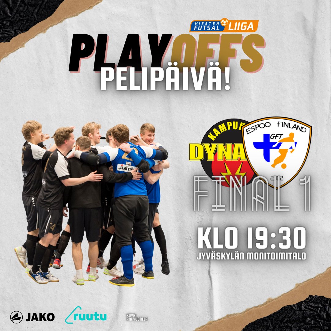 🔥 𝗚𝗔𝗠𝗘 𝗗𝗔𝗬 🔥

Tänään illalla isketään finaalisarja käyntiin Jyväskylässä!

Finaali 1️⃣

KaDy 🆚 GFT
📆 Tänään
🕢 Klo 19:30
🏟️ Jyväskylän monitoimitalo
📺 Ruutu

Mahtavaa äitienpäivää kaikille äideille ja let's go boys!! 💪🏼

#FutsalFi #Futsal #Playoffs #Finals