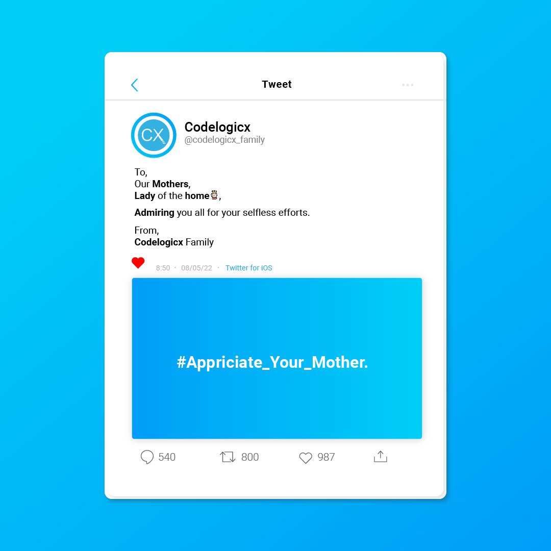 Codelogicx's tweet photo. Not only today but Mothers should also be appreciated every day who are handling home or office or both single-handed!

Happy Mother's Day to all of them from the Codelogicx family.

#codelogicx #wishpost #mothersday #mothersday2022 #realheroes  #MothersDaySpecial #appriciation https://t.co/TElWdiQLhA
