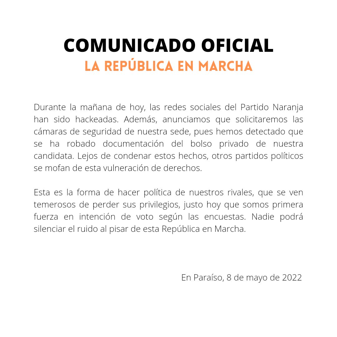 pnaranjacigmap's tweet photo. Comunicado oficial sobre el hackeo a las redes sociales del Partido Naranja. https://t.co/hCSD7BAbuP