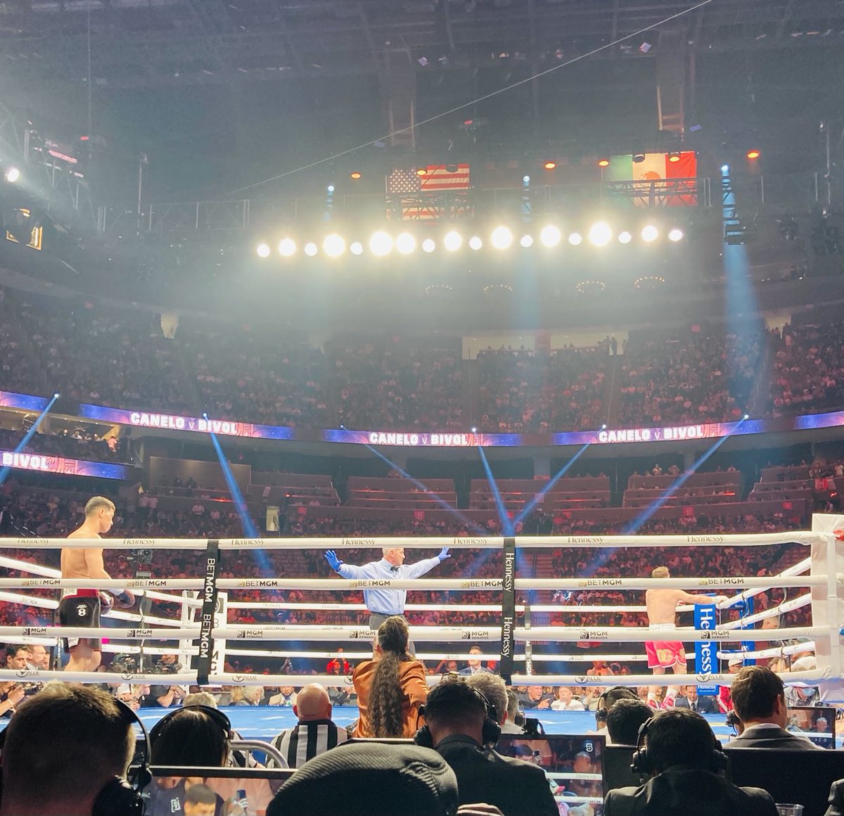 Photo I took of the greatest moment in sports: The seconds before the opening bell of a big fight. The talking is done. The ring is clear. The crowd is in a frenzy. All that’s left are 2 fighters and a ref set to call them to battle. Nothing like it in the world. #CaneloBivol