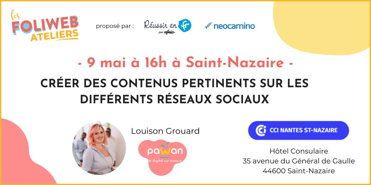 ⌛️J-1 avant le prochain Atelier <a href="/Foliweb/">Les Foliweb</a> organisé par <a href="/CCINantes/">CCI Nantes St Nazaire</a> 
 👉Thème: "Créer des contenus pertinents sur les Réseaux Sociaux"🤩

Commerçants/Artisans de <a href="/ACSN44600/">SHOPPING ST-NAZAIRE</a> et <a href="/DPaquebot/">Destination Paquebot</a>  inscrivez vous...vous êtes sur place 😉

Programme et Inscriptions👇
my.mtr.cool/ernukgvxbr