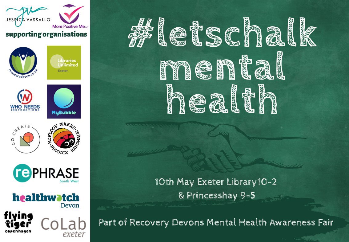 morepositiveme's tweet photo. It’s this Tuesday! It has come around so quickly and I can’t tell you how many times we’ve updated the image with so many supporters #LETSCHALK #mentalhealth #Exeter in memory of the amazing @gillhayes2 @Princesshay & part of the Mental Health Awareness Fair @ExeterLibrary https://t.co/4AMR6c9buA