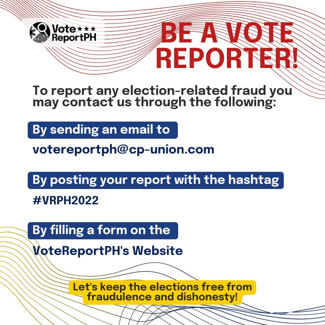 jamzbonifacio's tweet image. Election day na bukas so let's all be vigilant!

Report any instance of fraud you see physically or online by tweeting with the hashtags #VoteReportPH #KontraDaya!

Fraud = fake news/disinformation, vote-buying, harassment of voters/candidates, machine problems

#Halalan2022