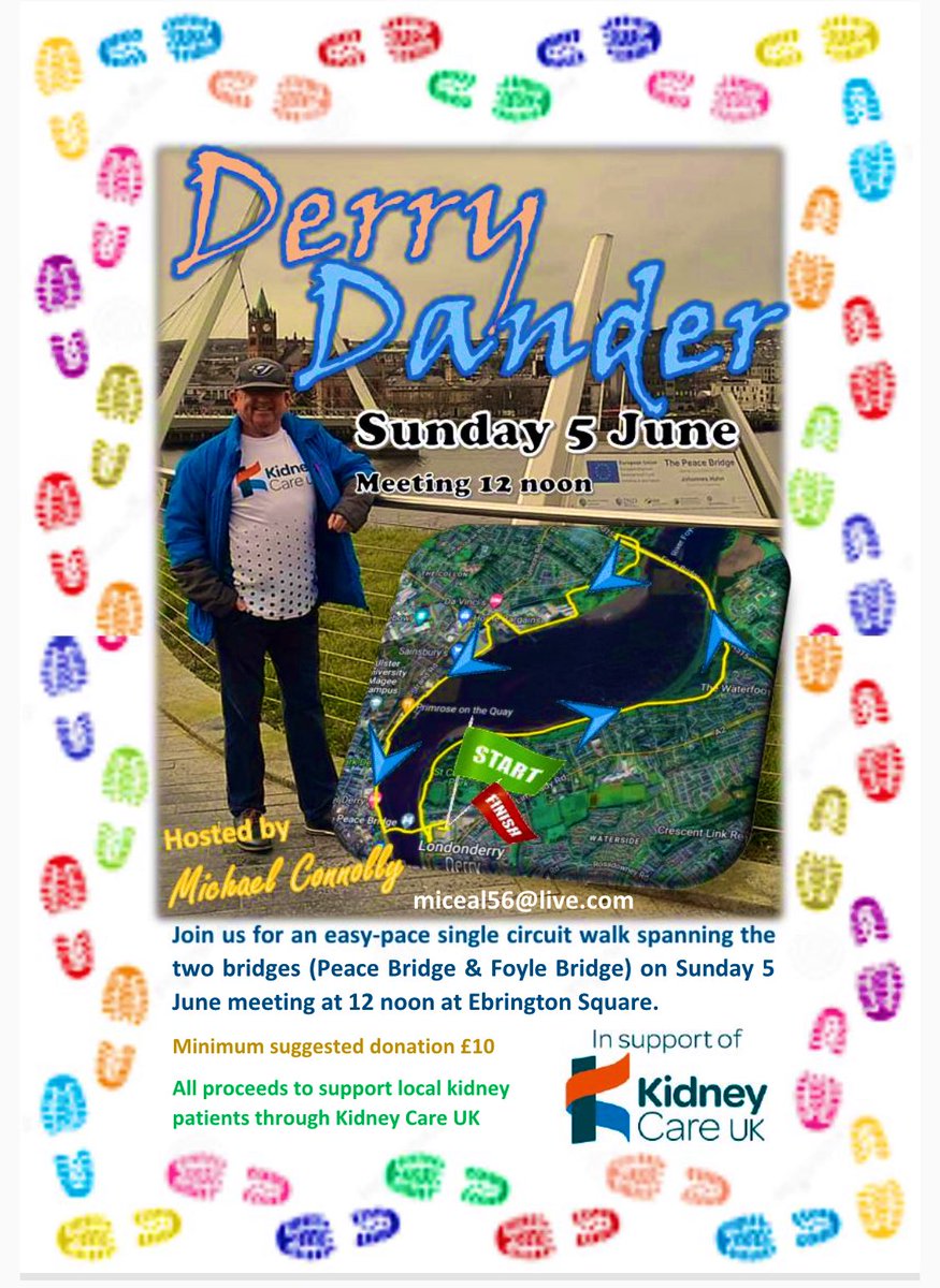 JoAnne_Dobson's tweet photo. This time 4 weeks I will be limbering up in Londonderry for Michael Connolly’s Derry Dander for @kidneycareuk #TwoBridgesWalk
COME AND JOIN US 👇
🗓 Sun 5 June
⏰ 12 noon
📍Ebrington Square
🧭 Single Circuit #PeaceBridge & #FoyleBridge
👟Easy Pace Walk
Min sugg donation £10 https://t.co/AEowrK2hTU