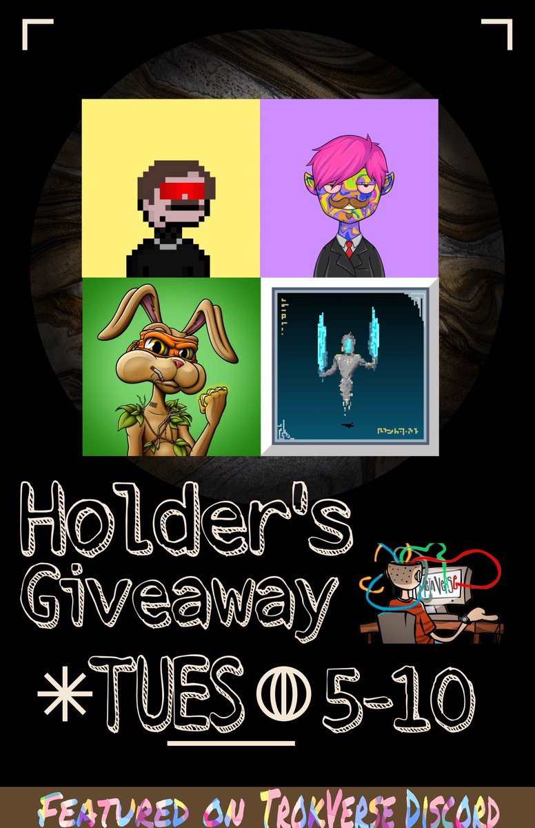 Presenting <a href="/TrokVictor/">VictorTrok.algo</a>’s First Holder’s giveaway this Tuesday, May 10th! Featuring NFTs by <a href="/Flemish_Giants/">Flemish Giants</a>, @knightsofalgo, <a href="/AWA_NFT/">Ⱥlgo Weird Ⱥxel</a>, and <a href="/GO0N_SQUAD/">Goon Platoon💯🔫🙏💵</a> 
To qualify you just have to be a holder of <a href="/TrokVictor/">VictorTrok.algo</a>’s pfp or 1:1 illustrations featured on <a href="/_Dartroom/">Dartroom</a> and <a href="/RandGallery/">Rand</a>