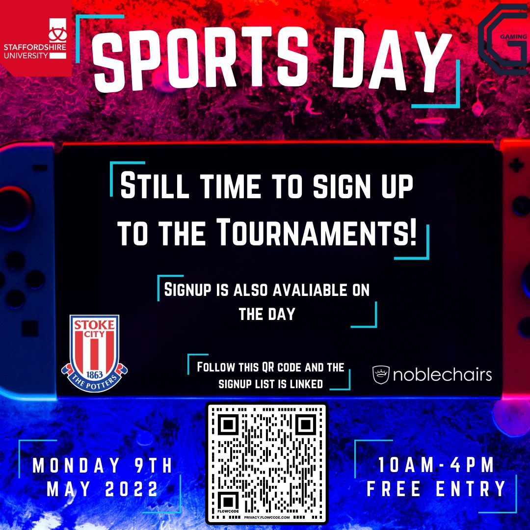 There is still time to sign up for our #FIFA22 and #RocketLeague tournaments! Be sure to bring your own controllers 🎮

Sign ups can be found in our #Eventbrite page⬇️

eventbrite.co.uk/e/staffordshir…

#Esports #Expo #SportsDay #EsportsEvent #RLEsports #FIFAEsports #Prizes