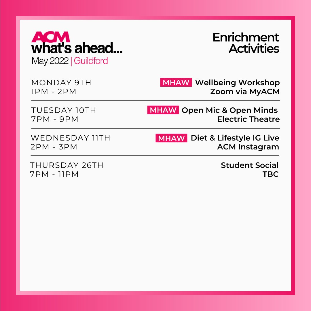 acm_uk's tweet photo. There are plenty of exciting events this May for our students at ACM Guildford 🌟 
Full details of the events can be found on myACM. 

#ACMuk #ThisIsACM https://t.co/DlXednVmF6