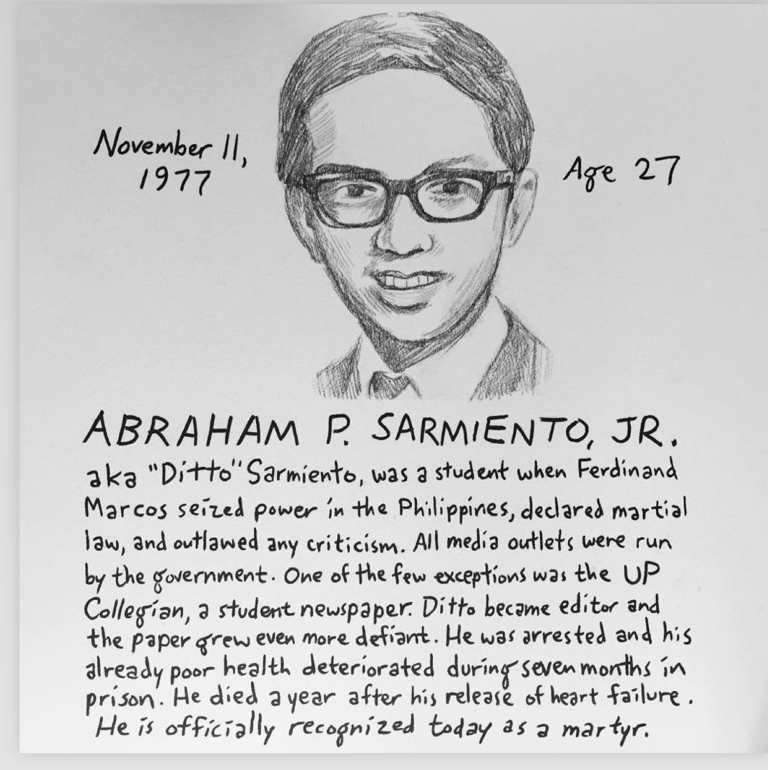 On November 11, 1977, my mother's sister Marsha Regala Santos became a widow at a young age. Her partner's name was Abraham "Ditto" Sarmiento. We share stories of the past because we choose not to forget those who fought for our freedom. #NeverForget