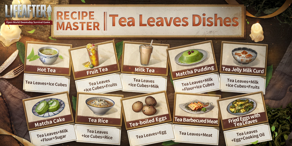 LifeAfter_en's tweet photo. #LifeAfter #RecipeMaster
Survivors can now gather a new resource at #GemCove - Tea Leaves!
Check the detailed Tea Leaves recipes and share your favourite recipes!
❣️ For recipes with less than 4 ingredients, you can cook with any amount-combination to get the requested amount 4❣️ https://t.co/vjBcXjEQhL