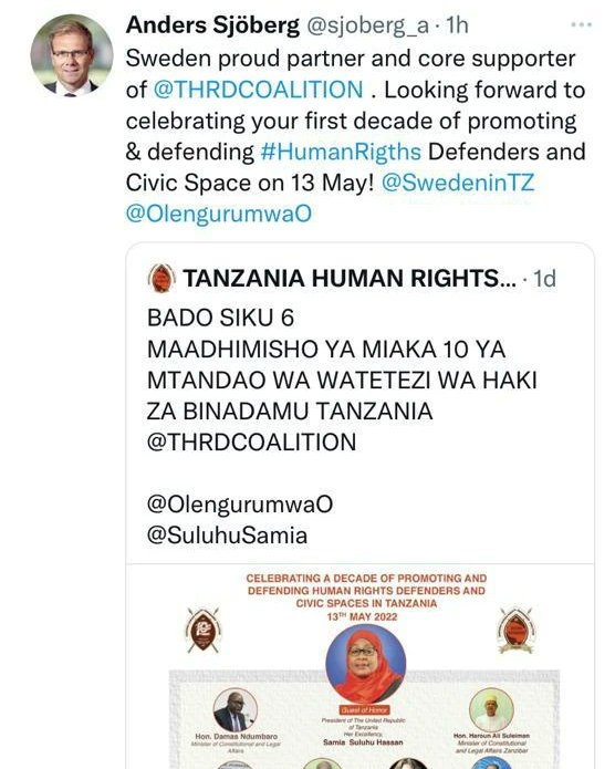 THRDCOALITION's tweet photo. Road to the celebration of A decade of promoting, defending human rights Defenders and civic space in Tanzania @THRDCOALITION
Thank you @SwedeninTZ @sjoberg_a
#AdecadeofTHRDC
#10yrsofthrdc
#Miaka10yathrdc https://t.co/yfwjIQK4fP
