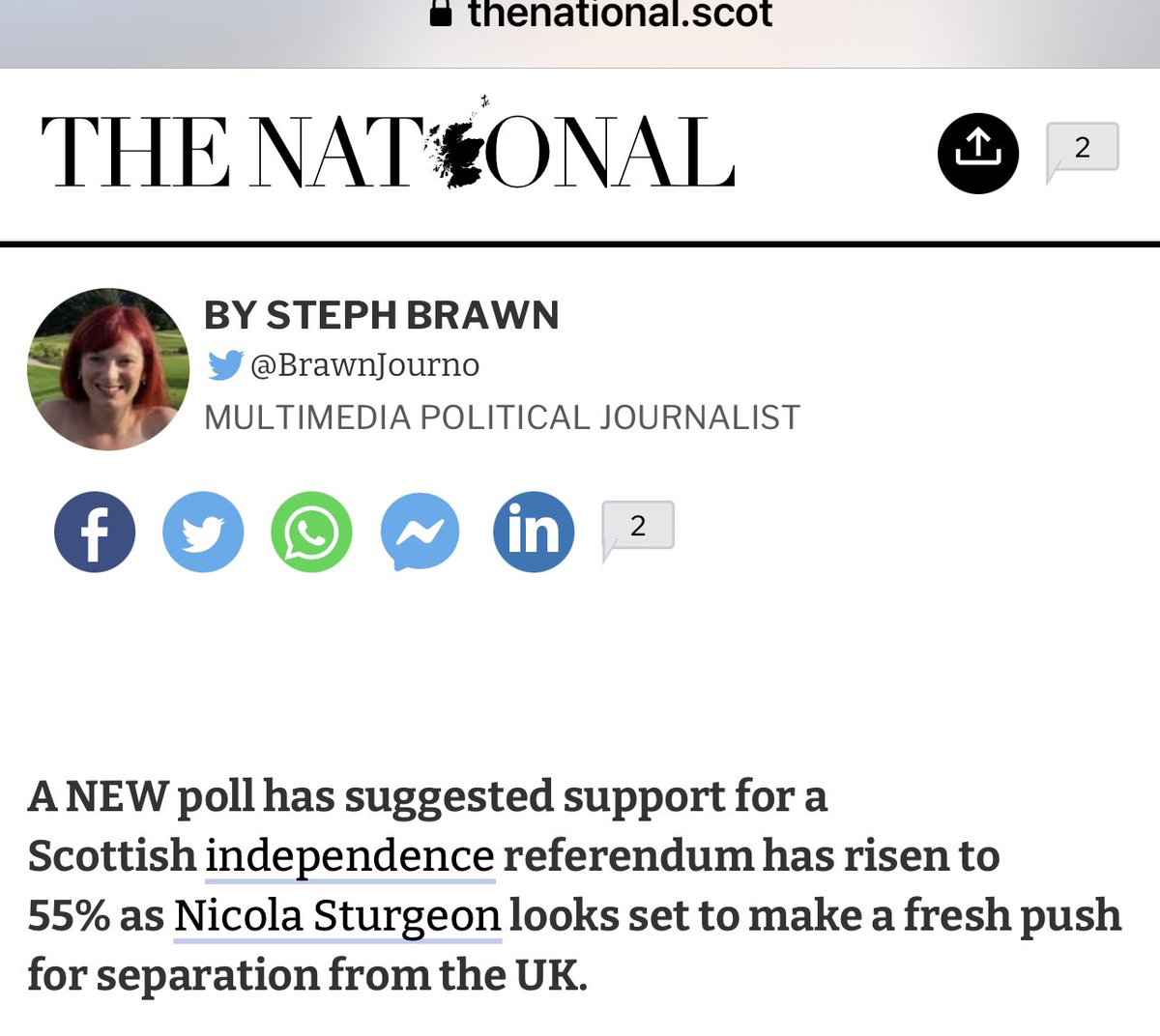 scotfax's tweet photo. .@BrawnJourno 

A new poll has not shown support for an #indyref has risen to 55%. 

#FalseFact https://t.co/yp6JPoFhXh