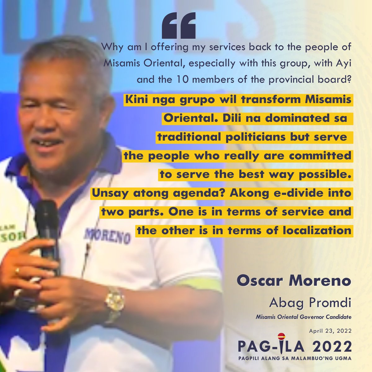 PagIla2022's tweet photo. Election day is fast approaching!

The candidates for the 𝐆𝐨𝐯𝐞𝐫𝐧𝐨𝐫 and 𝐕𝐢𝐜𝐞 𝐆𝐨𝐯𝐞𝐫𝐧𝐨𝐫 have their own agenda, platforms, and plans to make Misamis Oriental a more livable city. Read their statements below as they present to you their visions for our province. https://t.co/tpBi1yET6c