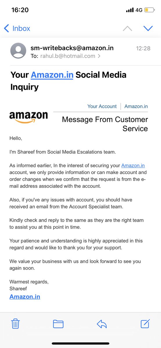 mr316rahul's tweet photo. @AmazonHelp @amazonIN @AmitAgarwal Is this the support we’re talking of? Absolutely absurd.. so much back n forth for this insensible email? Hellish experience! @AmitAgarwal Are you not viewing this.. why so mute?? https://t.co/zihIi60332