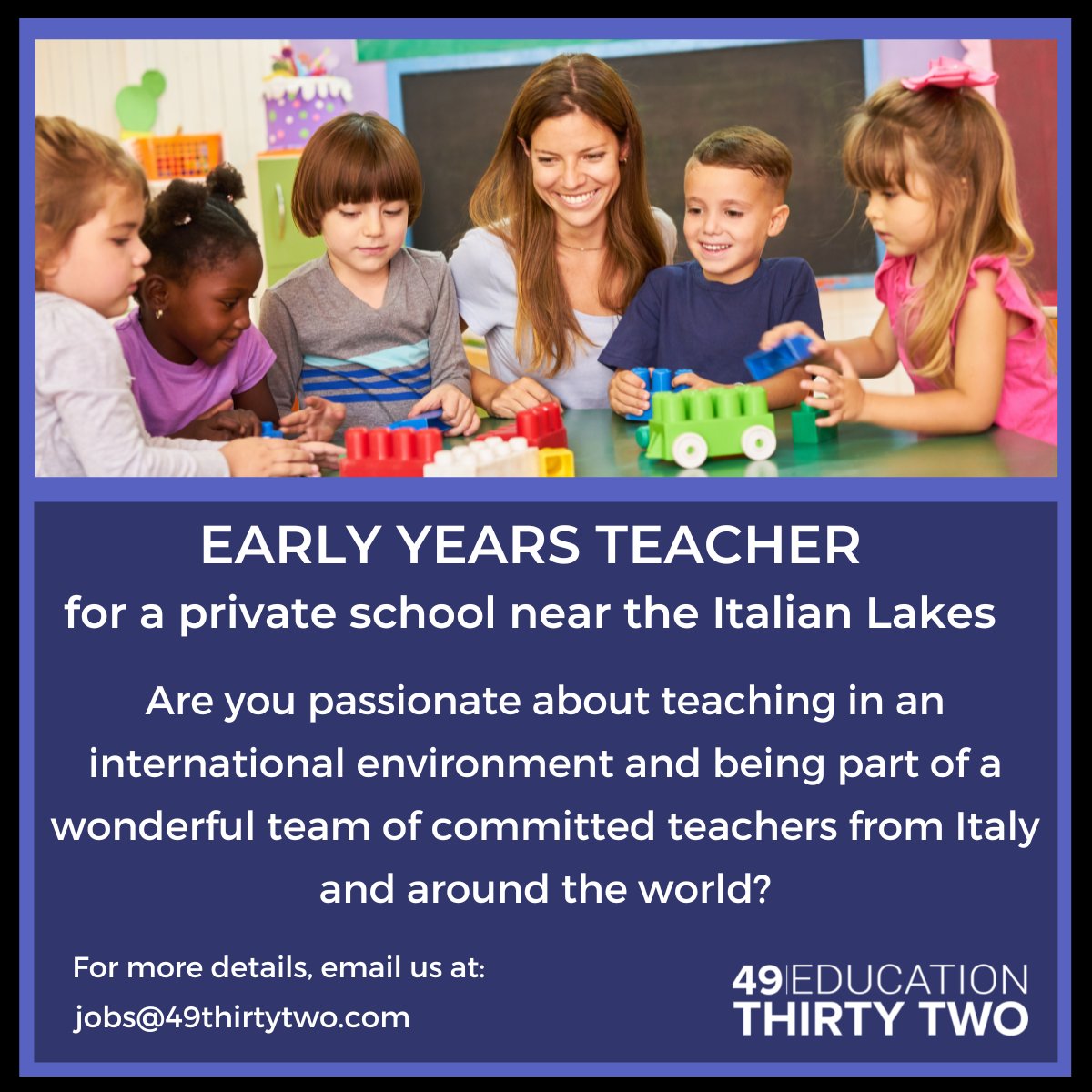 49thirtytwo's tweet photo. #earlyyears #internationalteacher @teachersroam
This is a fantastic opportunity to join a child-centered, well respected and sough after school in Northern Italy!
Please email me for a full job description! https://t.co/n3N2xWrpy0