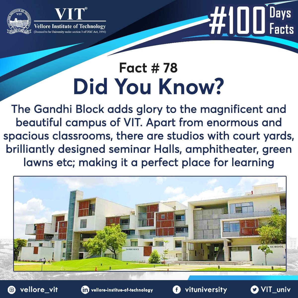 VIT_univ's tweet photo. On Day 78 of #100days100facts about #VIT, did you know that the "Gandhi Block" adds to the beauty and glory of our VIT campus, as well as makes for a place for perfect learning?
#facts #fact #100days #100facts #vitvellore #vituniversity #vitian #viteee #didyouknow #gandhiblock https://t.co/Igv030tpqt