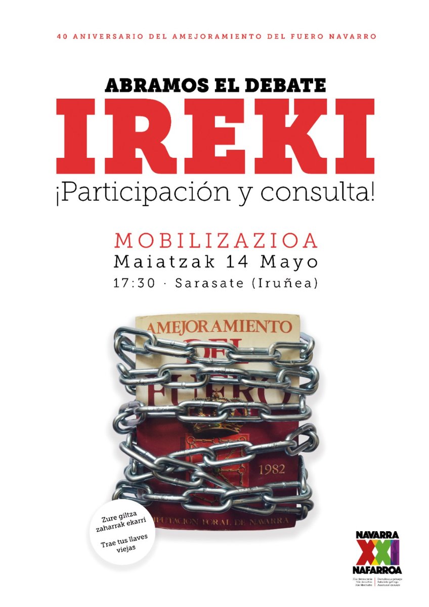 Na21org's tweet photo. 🔓 IREKI. ABRAMOS EL DEBATE
📕 40 años del Amejoramiento del Fuero. Foru Hobekuntzaren 40. urteurrena.
🗓️Maiatzak 14 mayo
🕛 17:30
📌 Paseo Sarasate. Pamplona
mobilizazio hiritarra • movilización ciudadana

DEBATE • EZTABAIDA
PARTE HARTZEA • PARTICIPACIÖN
CONSULTA • GALDEKETA https://t.co/tyZUPLiXa5
