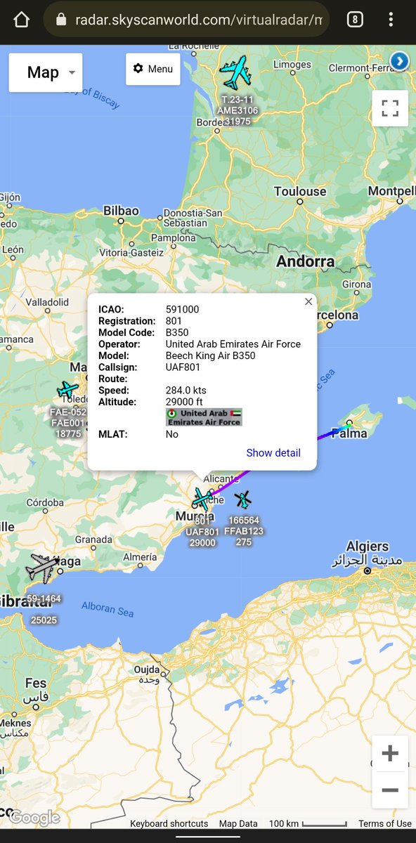 scan_sky's tweet photo. Not A Common Sight 👀 Over Europe.
#UAE 🇦🇪 Air Force - King Air B350 - 801 - #UAF801
Currently Routing Over Murcia 🇪🇸 After Departing From Palma Airport.
Possibly Some Form Of Embassy Flight Or Liason? https://t.co/g4o44B6Dm6