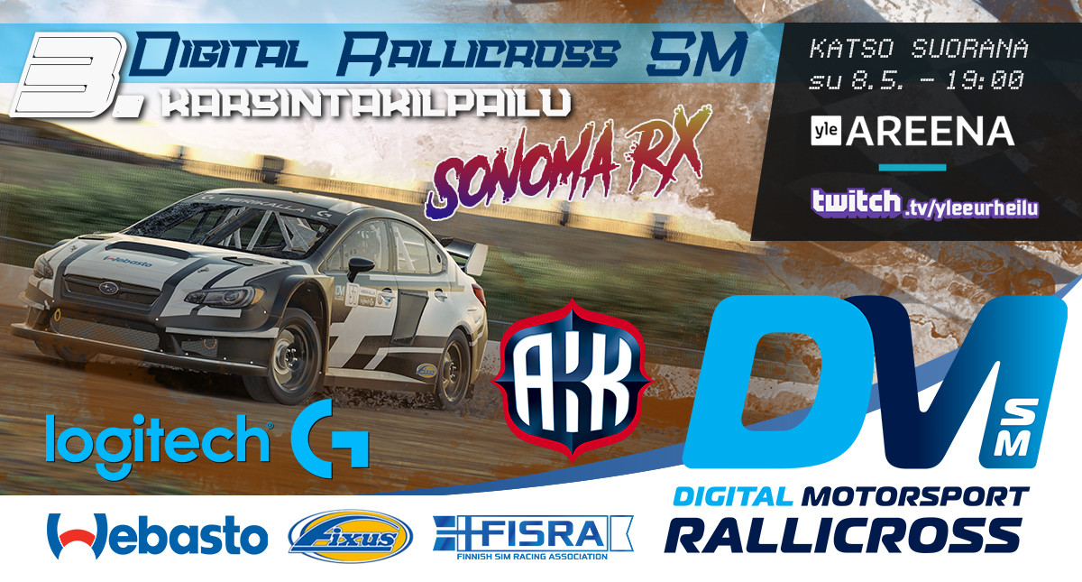 simracingfi's tweet image. Digital Rallicross SM-karsintasarja lähestyy puoliväliä ja tänään edessä on Sonoma RX!

Katso suorana 19:00 alkaen 
areena.yle.fi/1-62171640
twitch.tv/yleeurheilu

Jaa TÄMÄ posti osallistuaksesi @LogitechG rattipoljinsetin arvontaan!
(Osallistu myös vastaavaan arvontaan FB:ssä!)