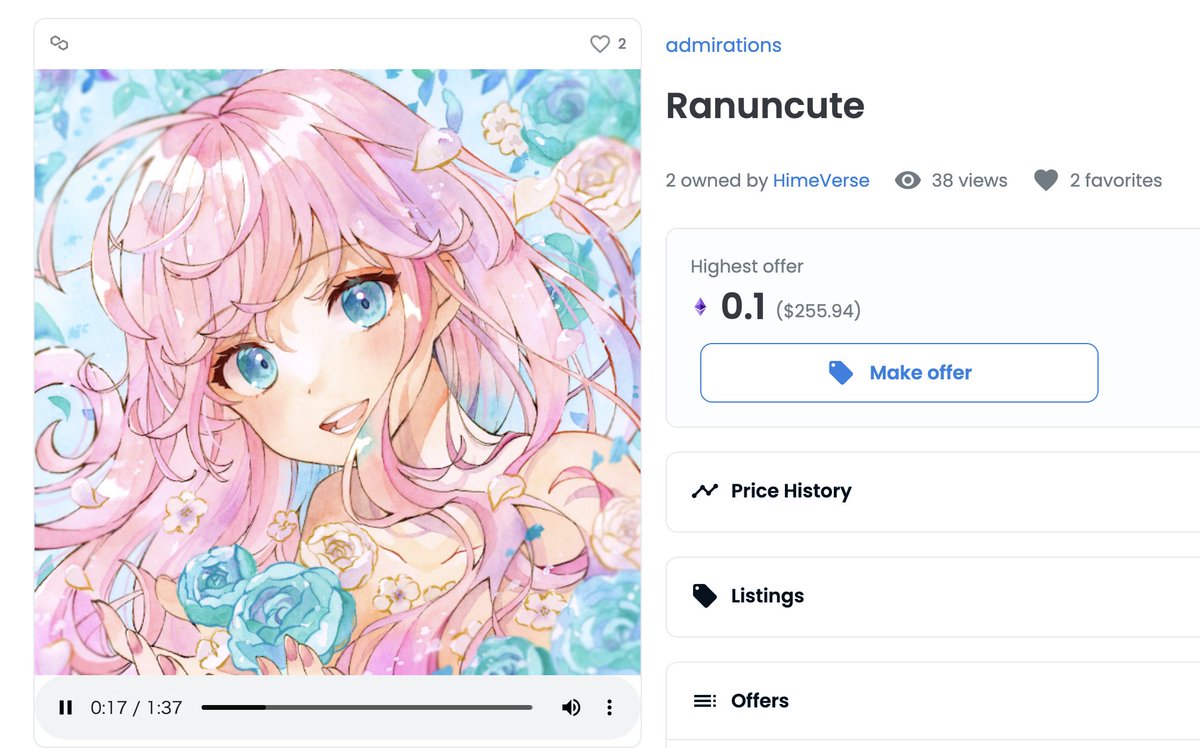 AOEUIさん @ AoeUiNFT から、0.1ETHのオファー！
美麗な水彩画 x 音楽🖼
HimeVerseさんとのコラボ作品をお迎えいただき、ありがとうございます！