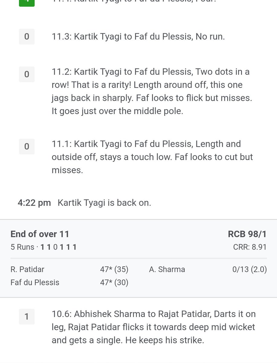 RaghavS05301183's tweet photo. #IPL me #RCBvSRH match me 11th over me kuch ajeeb hua. 10.6 ball par patidar ne 1 run liya or strike apne pass rakha, lekin 11.1th ball par strike par #faf_du_plessis the ye kya hua koi batayega. #ask_IPL #akash_chopra #ViratKohli𓃵 #KaneWilliamson #TATAIPL https://t.co/vld14vNvLY