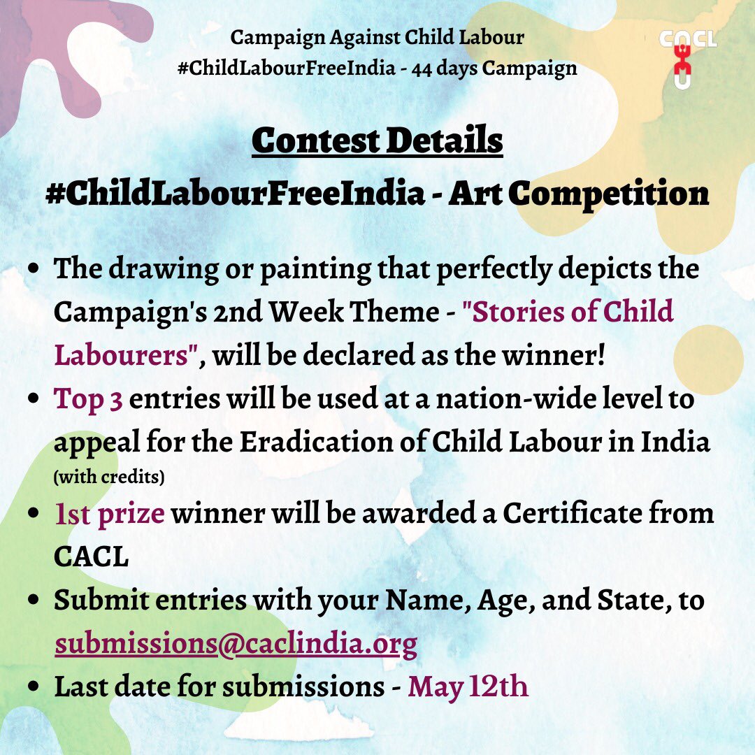 caclindia's tweet photo. Campaign Against Child Labour (CACL) from 30th April to 12th June – 44 days towards a better future for all children across India... #ChildLabourFreeIndia #SayNoToChildLabour #RightToEducation #CampaignAgainstChildLabour #OneCountryOneFuture https://t.co/NpmCJUkvVa