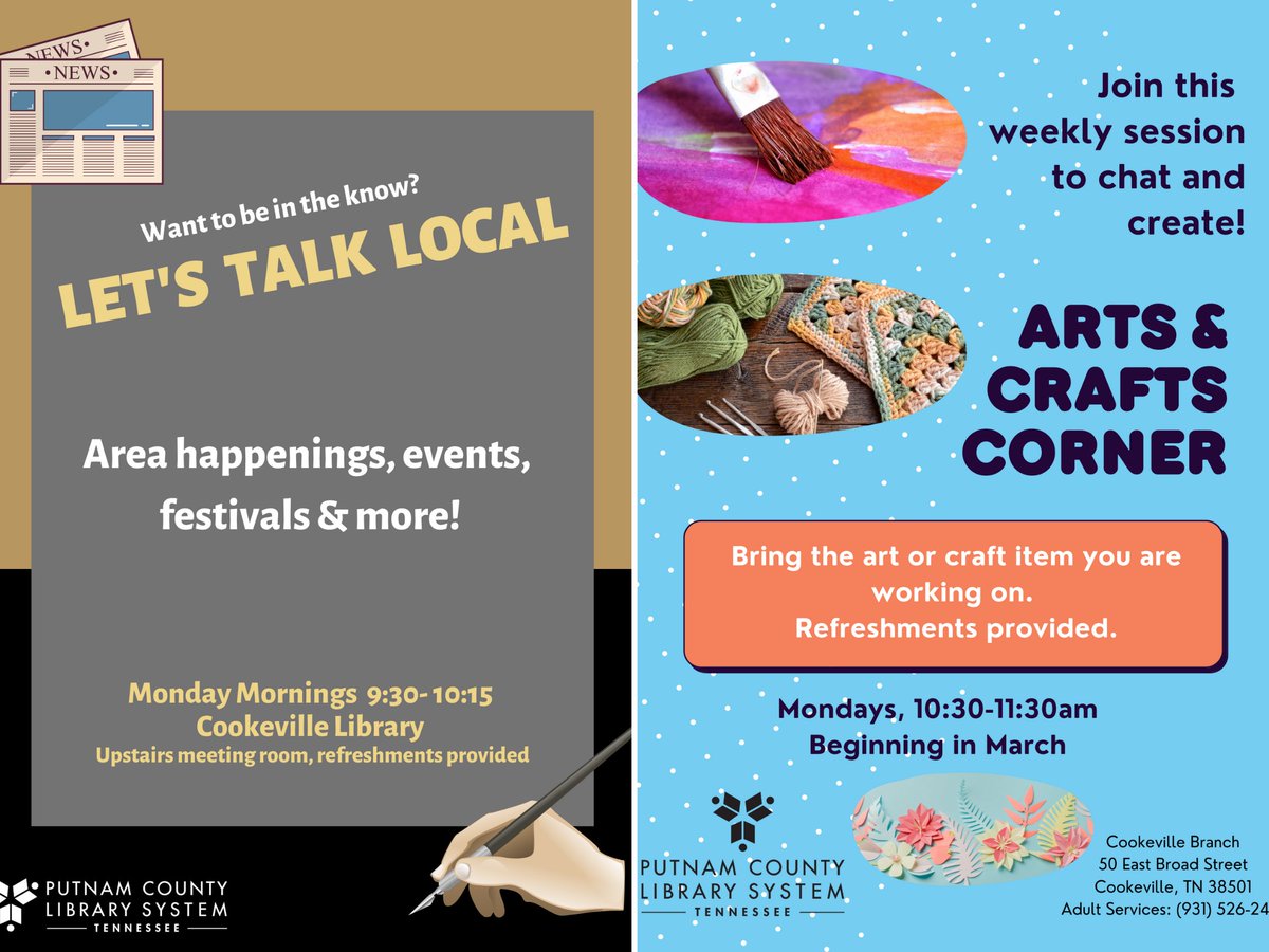 PutnamLibraryTN's tweet photo. Join us at the Cookeville Branch Library for Monday morning programs! We'll review upcoming local happenings and support each other's love for creating! #lifelonglearning #morethanjustbooks #PutnamCountyLibrarySystem https://t.co/ybMZYLBEeX