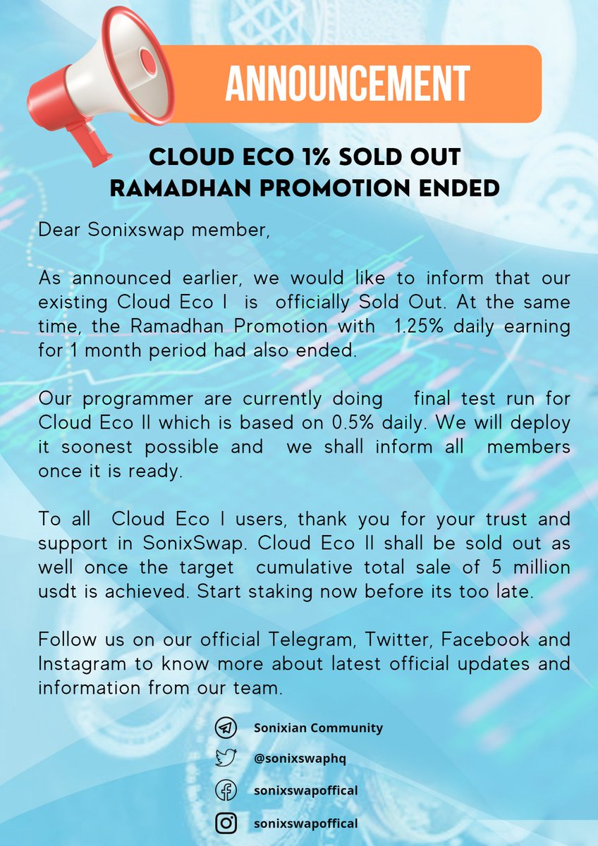Dear users, please be informed that the Ramadhan Promotion has ended. The Cloud Eco I is now sold out and shall be replace with Cloud Eco II which shall eventually sold out as well. Don't miss out and start staking once Cloud Eco II is available.