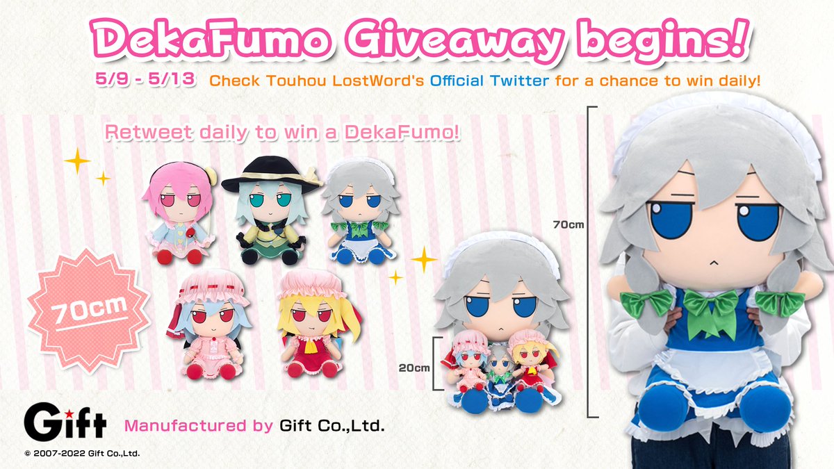 touhouLW_Global's tweet image. Hi friends,

The 1st Anniversary DekaFumo giveaway will begin from today at 08:00 AM UTC! ᗜˬᗜ

Retweet daily for a chance to win a DekaFumo💞

#touhouLW