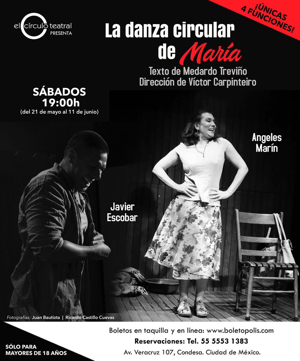 PInfidelidades's tweet photo. Regresa LA DANZA CIRCULAR DE MARÍA!!!
Texto de #MedardoTreviño Con las actuaciones de @Gelamarin y #JavierEscobar Dir.
@v_carpin
ÚNICAS 4 FUNCIONES en @CIRCULOTEATRAL
⏰ Sáb 19:00h (21 de May-11 de Jun)
⚠️🎟preventa al 2x1 https://t.co/70yHureylt https://t.co/keIMhflerT