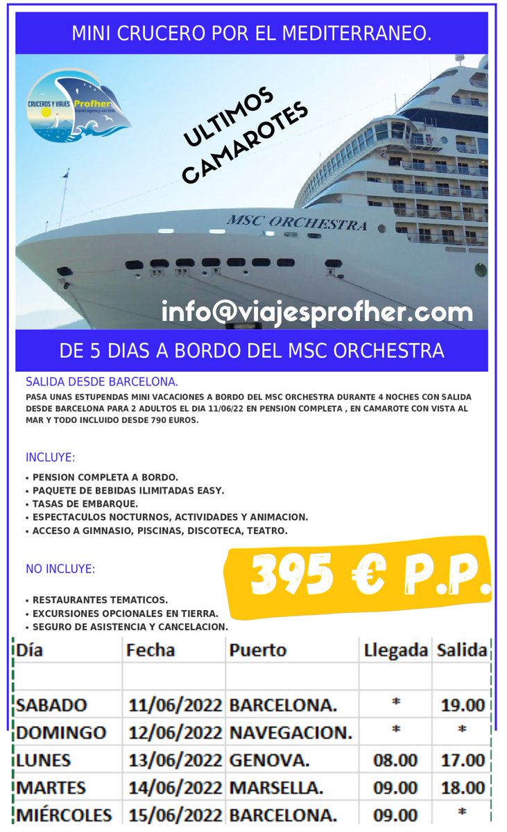 profher292's tweet photo. Date prisa y aprovecha esta oferta en tarifa azul, ultimos camarotes disponibles en esta categoria.
reservas@viajesprofher.com https://t.co/mV3ccWcfYJ