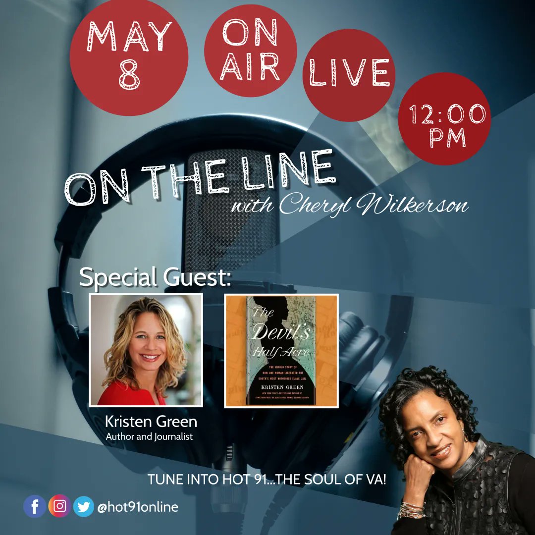 Hot91Online's tweet photo. #OnAirNow On the Line with Cheryl Wilkerson!

Tune in now as Cheryl sits down with author and journalist Kristen Green ( @kgreen ) about her newest release "The Devil's Half Acre" 

Catch "On the Line" today &amp; every Sunday at 12PM! #thesoulofva #vaauthors #wnsb #hot91online https://t.co/1l4r3fJLFY