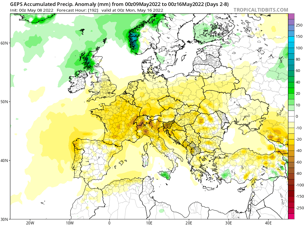 Mai est le mois le plus pluvieux dans plusieurs régions (centre-est, Midi-Pyrénées notamment).
Comme la précédente, la semaine à venir s'annonce bien plus sèche que la normale avec une anomalie marquée (peu ou pas de pluie sauf éventuel orage ponctuel). 