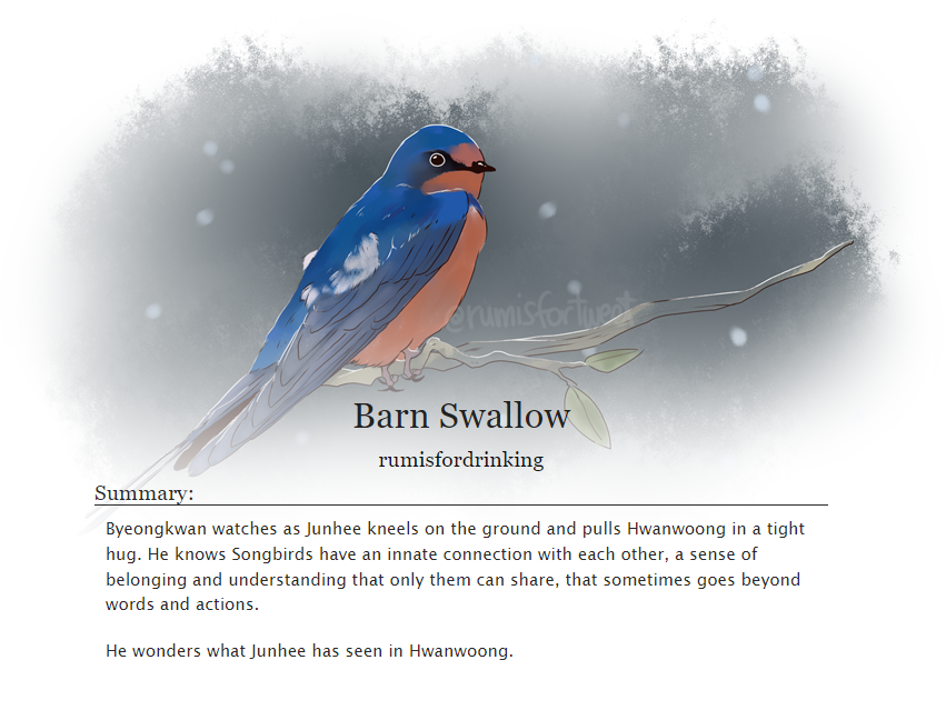 rumisfortweet's tweet photo. Barn Swallow
One-Shot
JunKwan

"During his journey, Hvvanwoong takes shelter at Byeongkvvan and Jvnhee's nest, and hears their story."

👉https://t.co/9XZKjfzq5o https://t.co/N5gmnLCgmu