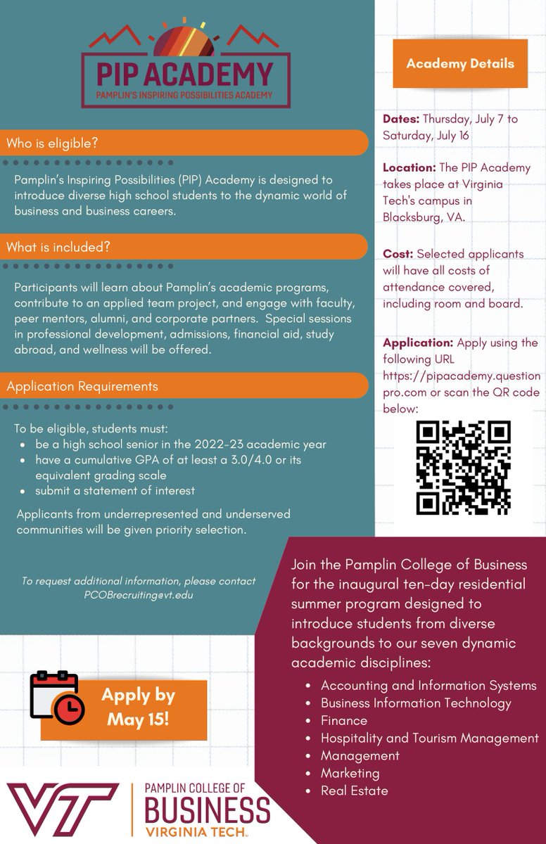 Are you a rising high school senior looking to get a head start on your college experience? Join us this summer for Pamplin’s Summer Possibilities Academy! Check out our flyer for more information. ow.ly/5ZlR50J21Rq