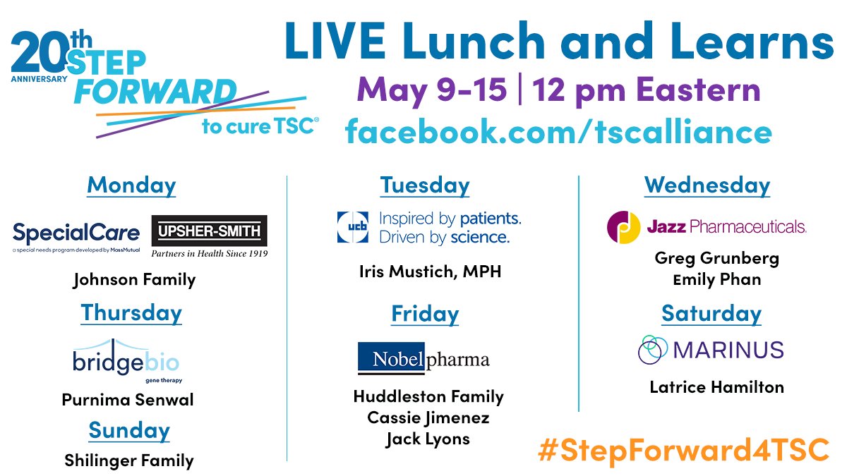 tscalliance's tweet photo. Next week the TSC Alliance will be hosting daily LIVE Lunch and Learns at 12 pm ET on Facebook Live featuring sponsors of the #StepForward4TSC Global Hybrid Walk-Run-Ride and leaders in the TSC and rare disease communities. 

Tune in at  https://t.co/AWeM4ejC89. https://t.co/UVWooUSyf5