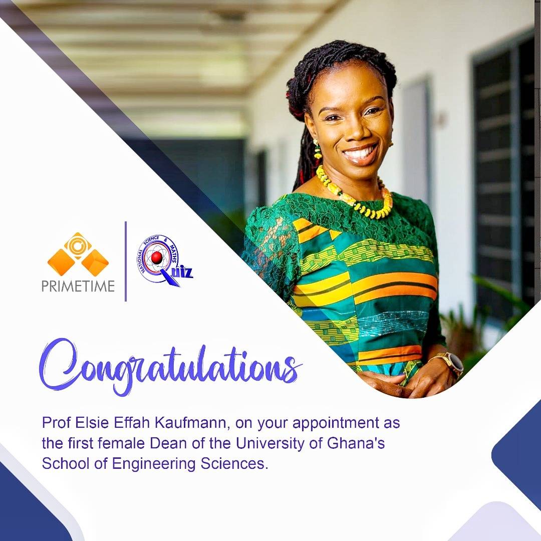 NSMQGhana's tweet photo. Congratulations to Prof @elsie_effah Kaufmann, who has been appointed as the first female Dean of the University of Ghana's  School of Engineering Sciences, effective 1st August 2022.

Well deserved 💐💐💐 https://t.co/duujAwOJmY