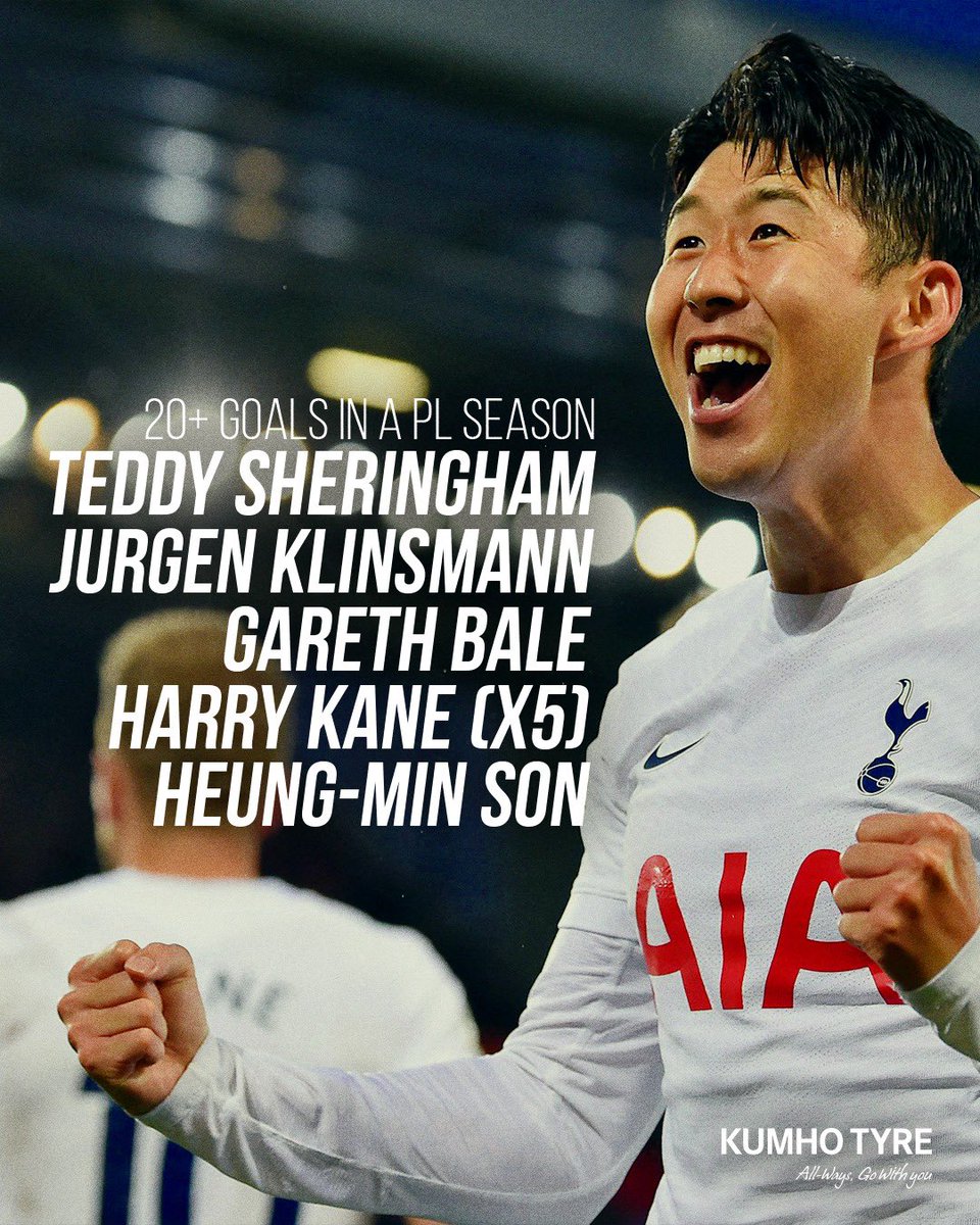 SpursOfficial's tweet photo. 2️⃣0️⃣ #PL goals this season for @Sonny7 👏

Yesterday, Sonny became the fifth Tottenham Hotspur player to hit the Premier League milestone 👌

📊 @KumhoTyreUK https://t.co/YSYdVyJYPr