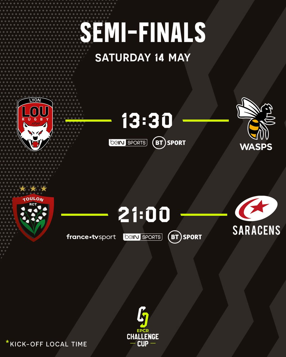 ChallengeCup_'s tweet photo. The semis are looking HOT 🔥

@LeLOURugby v @WaspsRugby 
@RCTofficiel v @Saracens 

Who'll make the #ChallengeCupRugby Final??

Read more ➡️ https://t.co/dtwM0kRgWy https://t.co/vowN9FVZey