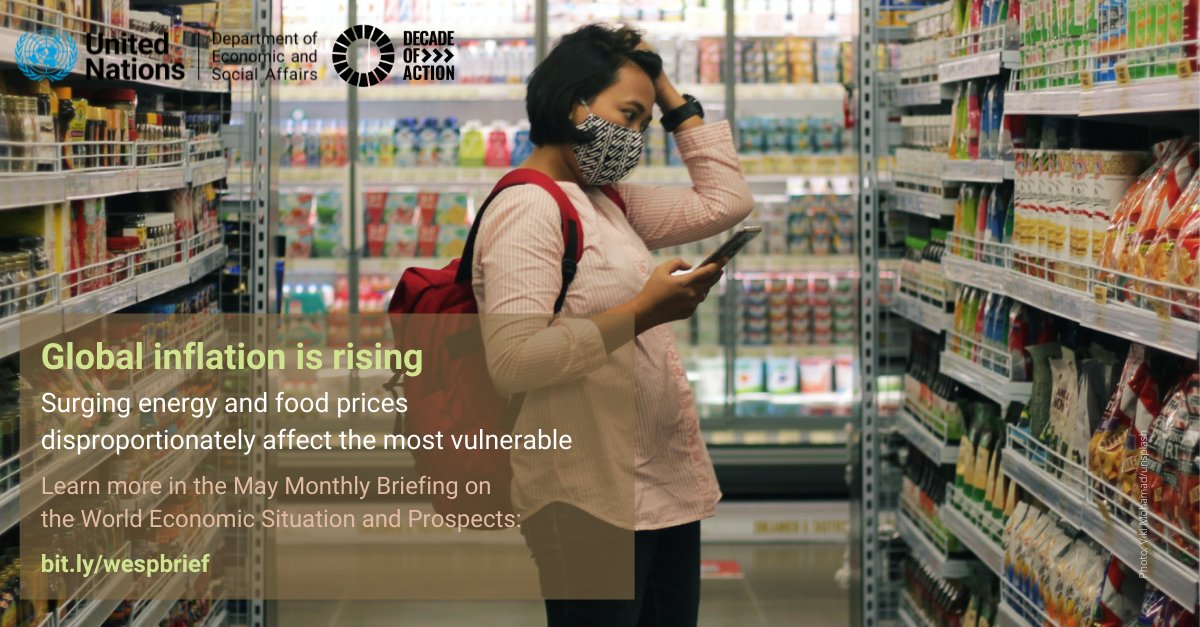 UNDESA's tweet photo. The rise of inflation across the 🌏disproportionately affects people living in poverty, worsening inequalities, already aggravated due to the #COVID19 crisis. 
Check out UN DESA’s monthly briefing on the world economy to learn more 👉 https://t.co/4WglZLg7fF  #WorldEconomyReport https://t.co/o7lXenW4RU