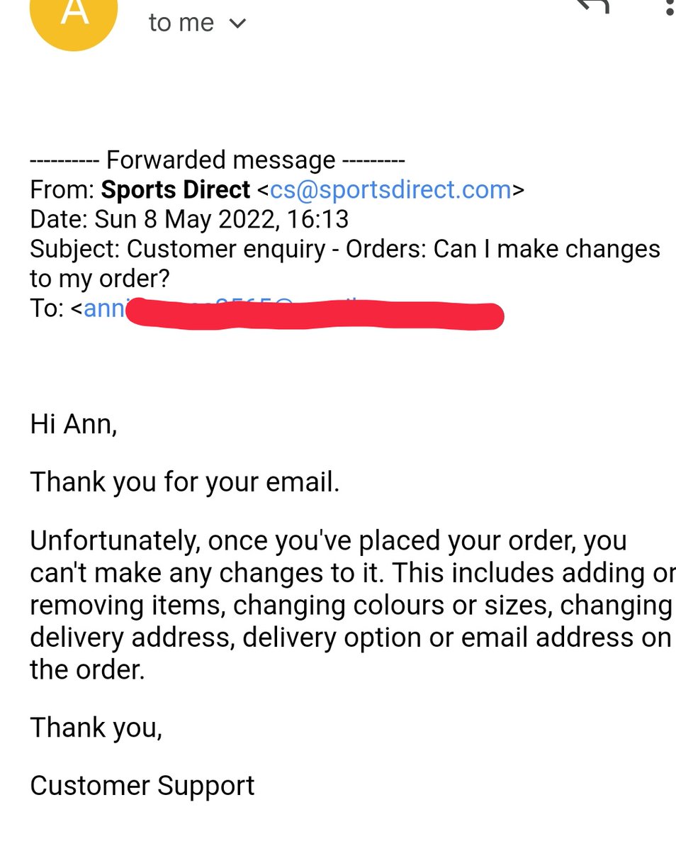 RachelM7's tweet photo. @SportsDirect_CS Very disappointed with this, the least you could do is let us cancel the order so we can reorder. Waste of resources delivering what you know will be returned and clearly hasn't been despatched or processed yet. And you call yourselves eco-friendly? Disgrace. https://t.co/5zPcokFpKC