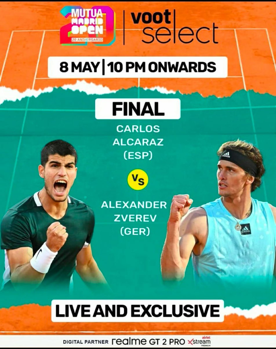 ImDhvij's tweet photo. I like Alexander Zverev but seeing Carlos Alcaraz's performances has made me switch sides and go with Alcaraz as the title favourite in Madrid Open 2022!! 
@VootSelect AlcarazVsZverev OnVoot https://t.co/OIxEeMj7uD