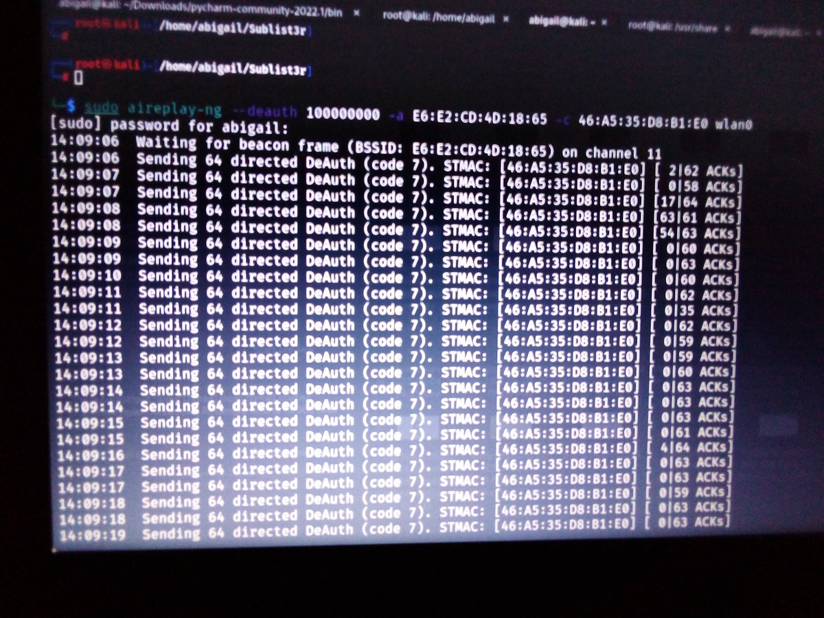 Abee_john's tweet photo. #networkhacking
Performed a packet sniffing attack. 
Sent over 10m packets to a network close by. 

Used airmon-ng, airodump-ng and aireplay-ng commands for the pre-connection attack. 

Discovered a lot by performing this attack. 

#hacking #penetrationtesting #CyberSecurity https://t.co/7uibmLINCx