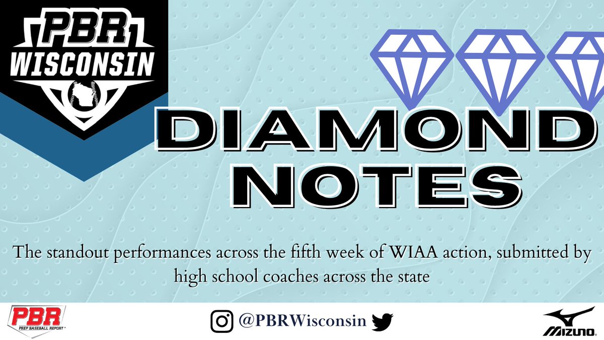 PrepBaseballWI's tweet photo. 💎 𝐃𝐢𝐚𝐦𝐨𝐧𝐝 𝐍𝐨𝐭𝐞𝐬: 𝐖𝐞𝐞𝐤 𝟓 💎

See which players, as submitted to us by high school coaches across the state, performed well in the fifth week of WIAA action. 

📓🔗 https://t.co/NnJRYMx2wj https://t.co/M3mFrypJ7q
